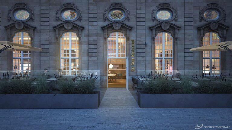 Come In 3D Architektur rendering CFl Luxembourg Restaurant Bahnhof