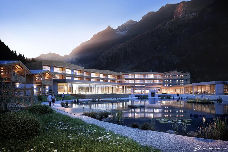 Family-Hotel Gastronomie Architektur Rendering Südtirol See Abend