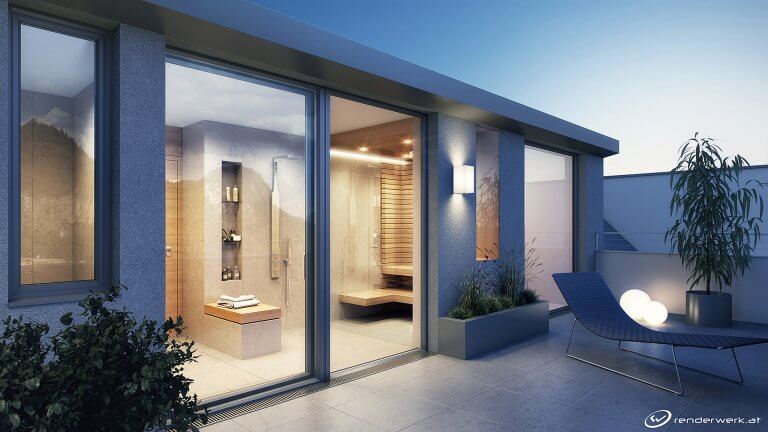 Home Spa Architekturrendering Penthouse Terrasse Badezimmer Abend