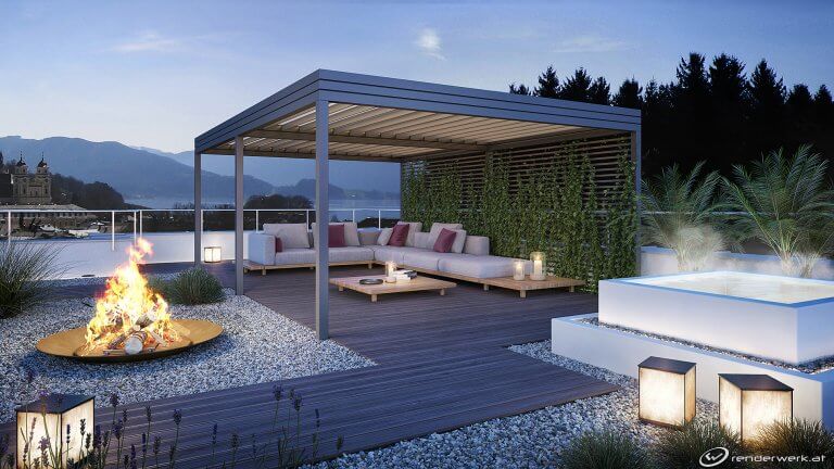 Mondsee Architektur Rendering Dachterrasse Abend