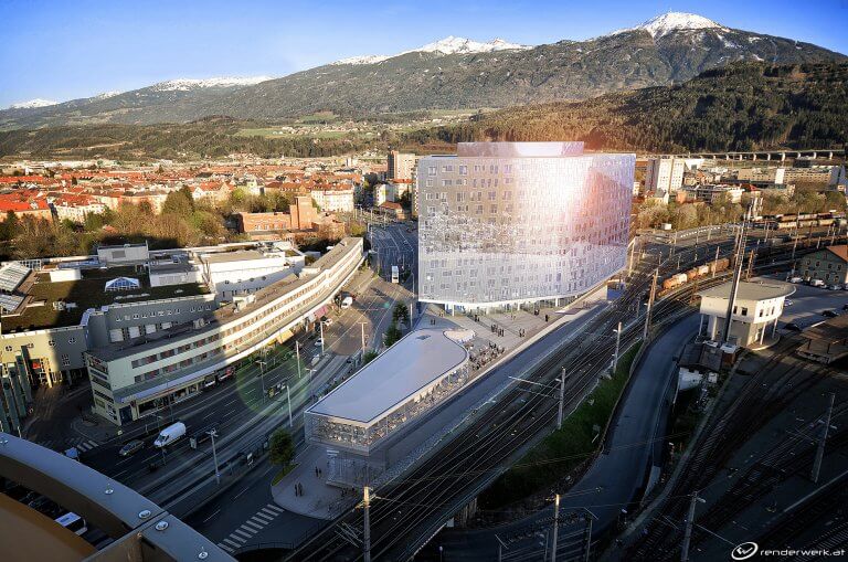 Pema Sunset Architektur Visualisierung Trum Innsbruck Bahnhof Tirol Luftbild