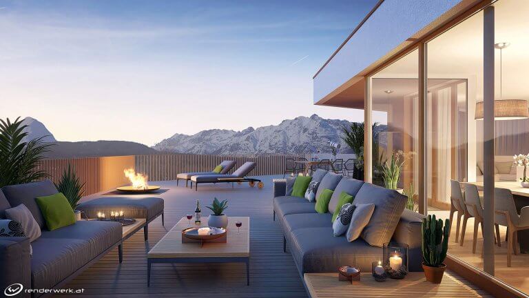 Seefeld Sunset 3d immobilien rendering dachterrasse abend