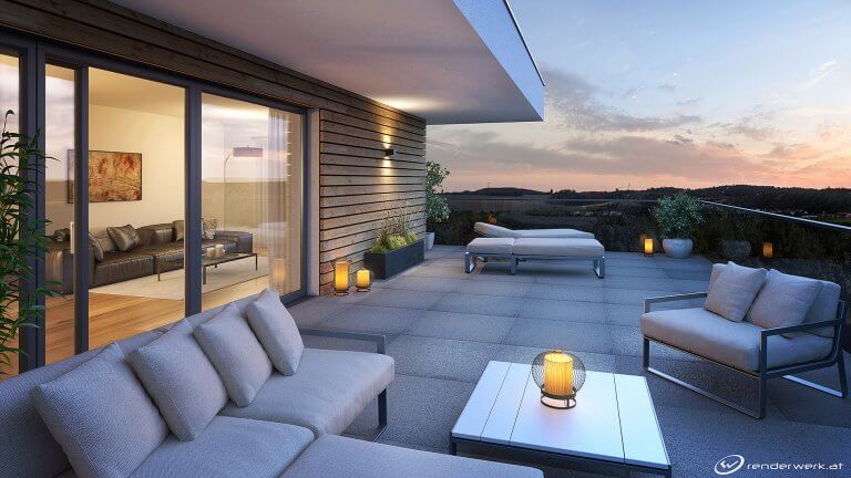 Yellow Lantern Architekturvisualisierung Dachterrasse Abend Penthouse