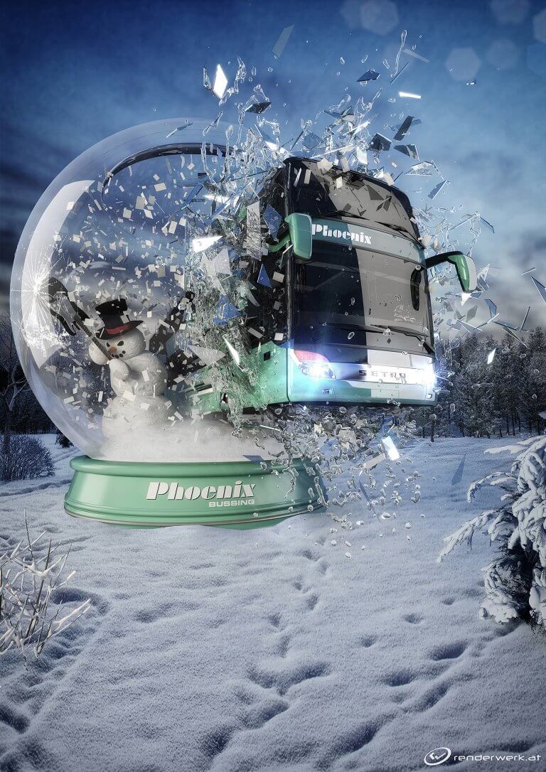 Phoenix Weihnachten Produktrendering Xmas Christmas Tourbus Schneemann