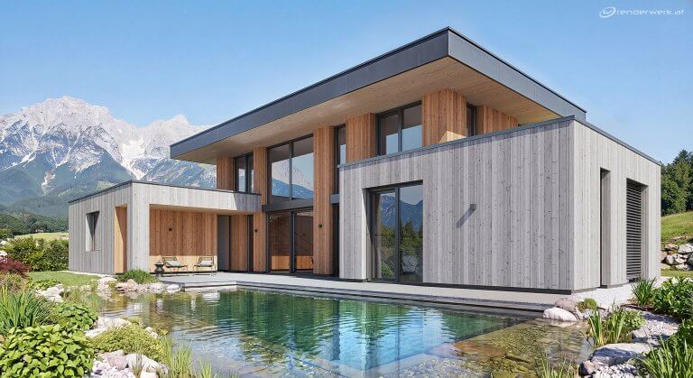 3D-Visualisierung eines modernen Einfamilienhauses in Tirol mit vertikaler Holzfassade und einem biologischen Schwimmteich vor Bergkulisse.