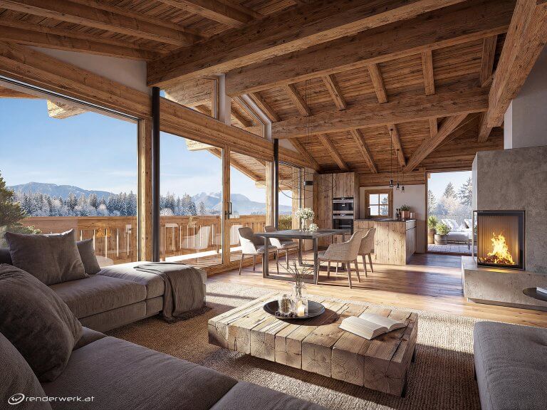 Modernes Chalet in Tirol mit offenem Wohnbereich, Holzinterieur, Kamin und Panoramablick auf die Alpen