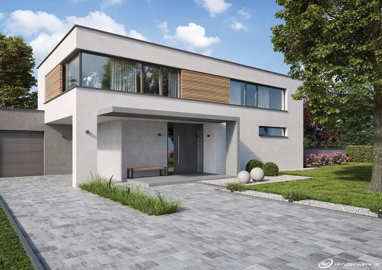 Driveway Einfahrt Steinfliesen Produktrendering 3D Einfamilienhaus Renderwerk