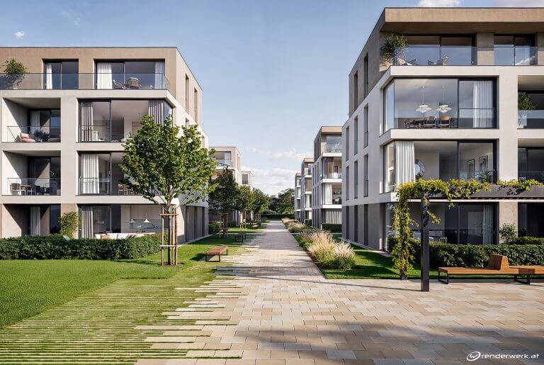 3D-Visualisierung einer exklusiven, modernen Wohnanlage in Deutschland mit großzügigen Apartments, Gehwegen und gepflegten Grünflächen.