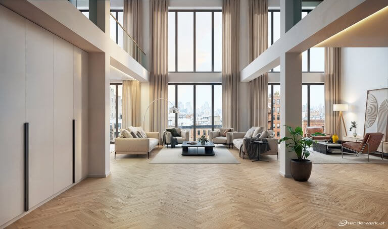 3D Interior Rendering modernes Loft Wohnzimmer mit hoher Decke