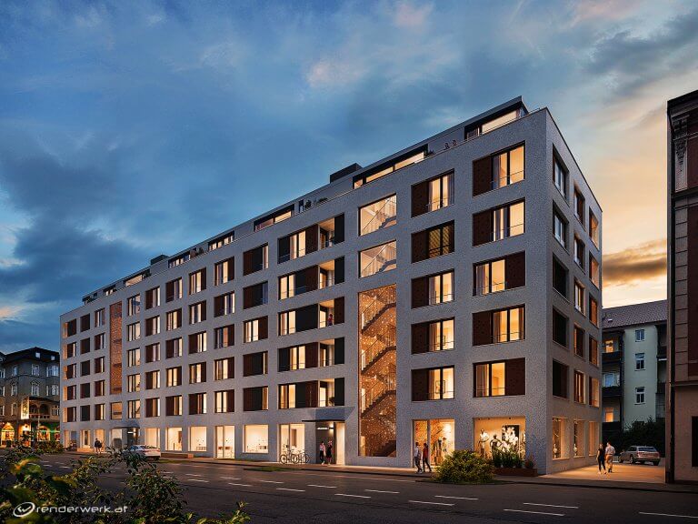 3D Architekturvisualisierung Wohnbau urban Tirol Abendlicht